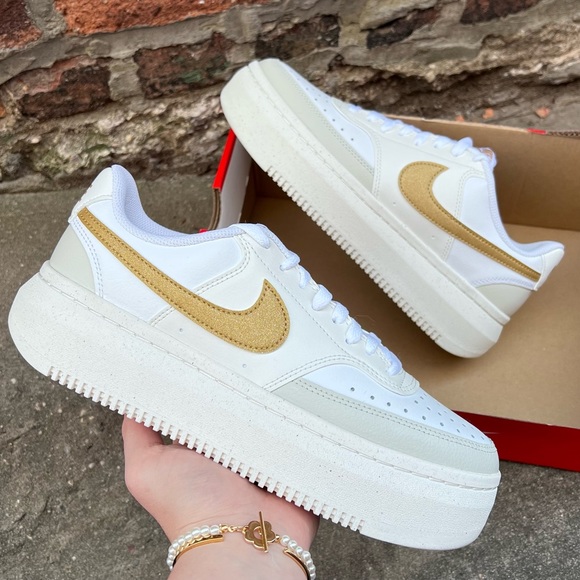 Nike Shoes - Nike Court Vision Alta White Metallic Gold Leather Platform Shoe Womens 10 NEW